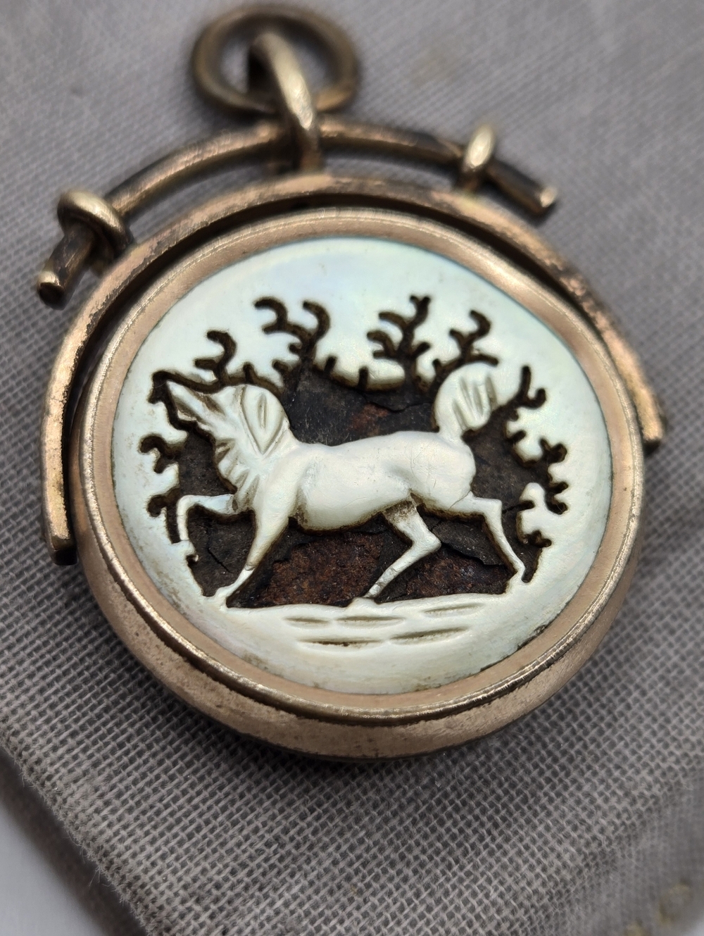 Victorian Double Sided Mourning Pendant Onyx Carved Mother of Pearl Hunting Dog